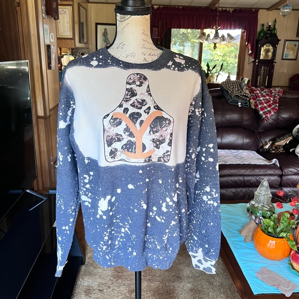 Woman’s faux bleach splatter crewneck sweatshirt Yellowstone tv show.